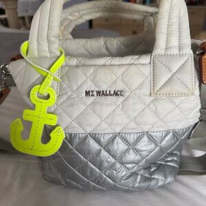 MZ Wallace Small Metro Tote Deluxe White and Silver with removable Neon Accent